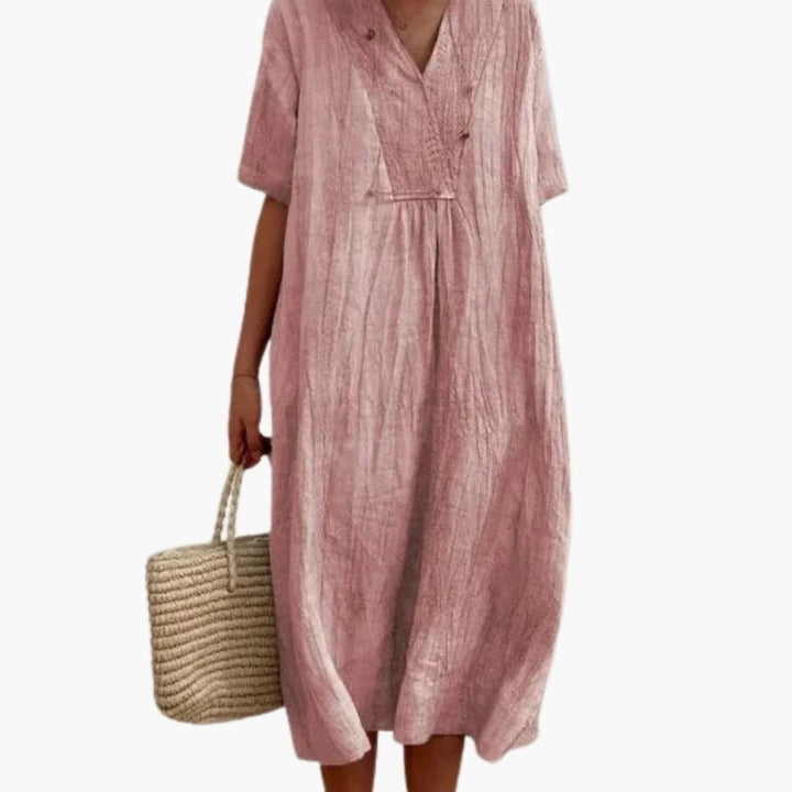 Damen Relaxed-Fit V-Ausschnitt Linnen Midi-Kleid - Pink