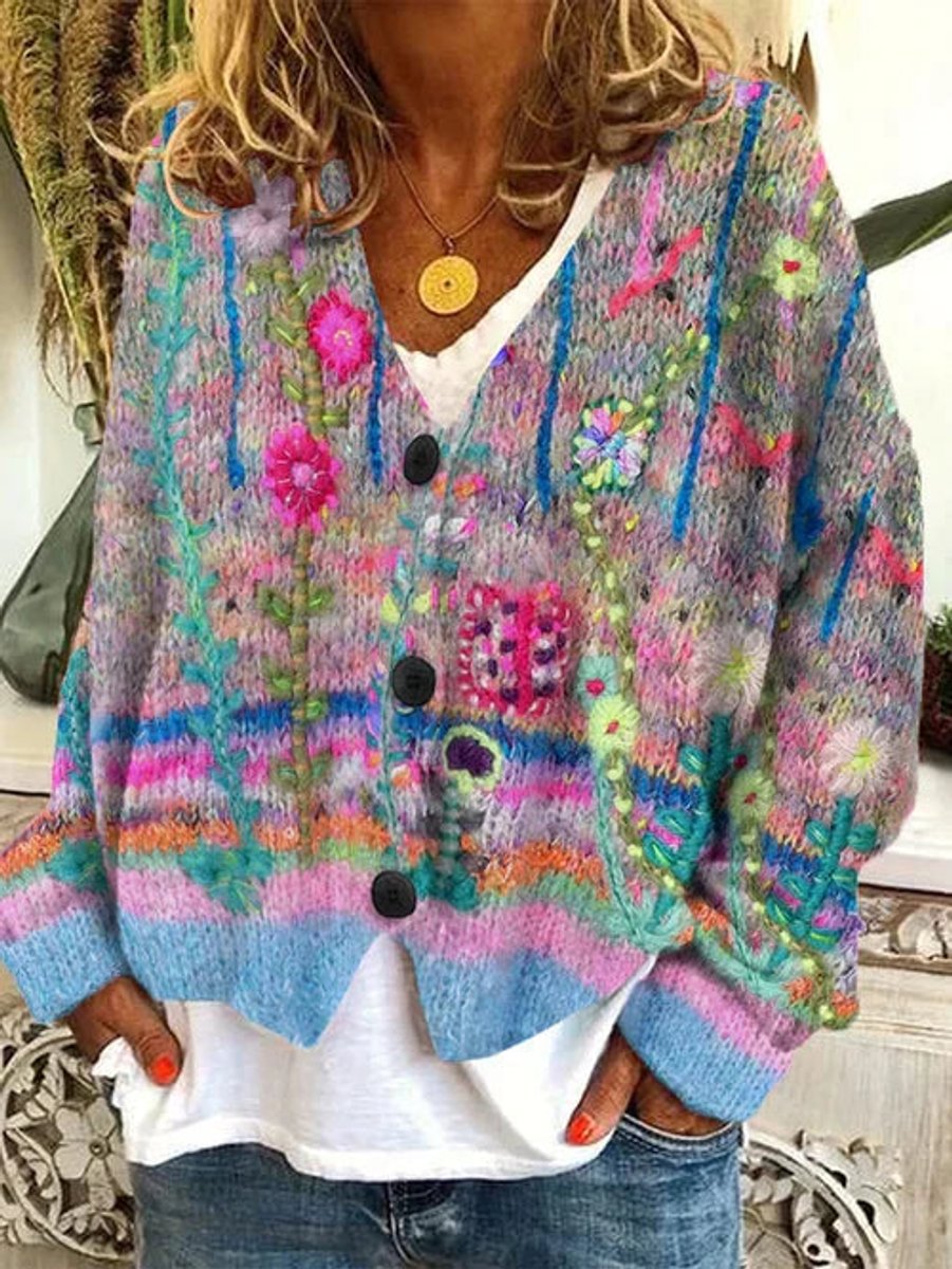 Damen Retro Blumen-Cardigan mit Knopfleiste in Buntem Strickdesign - Grau