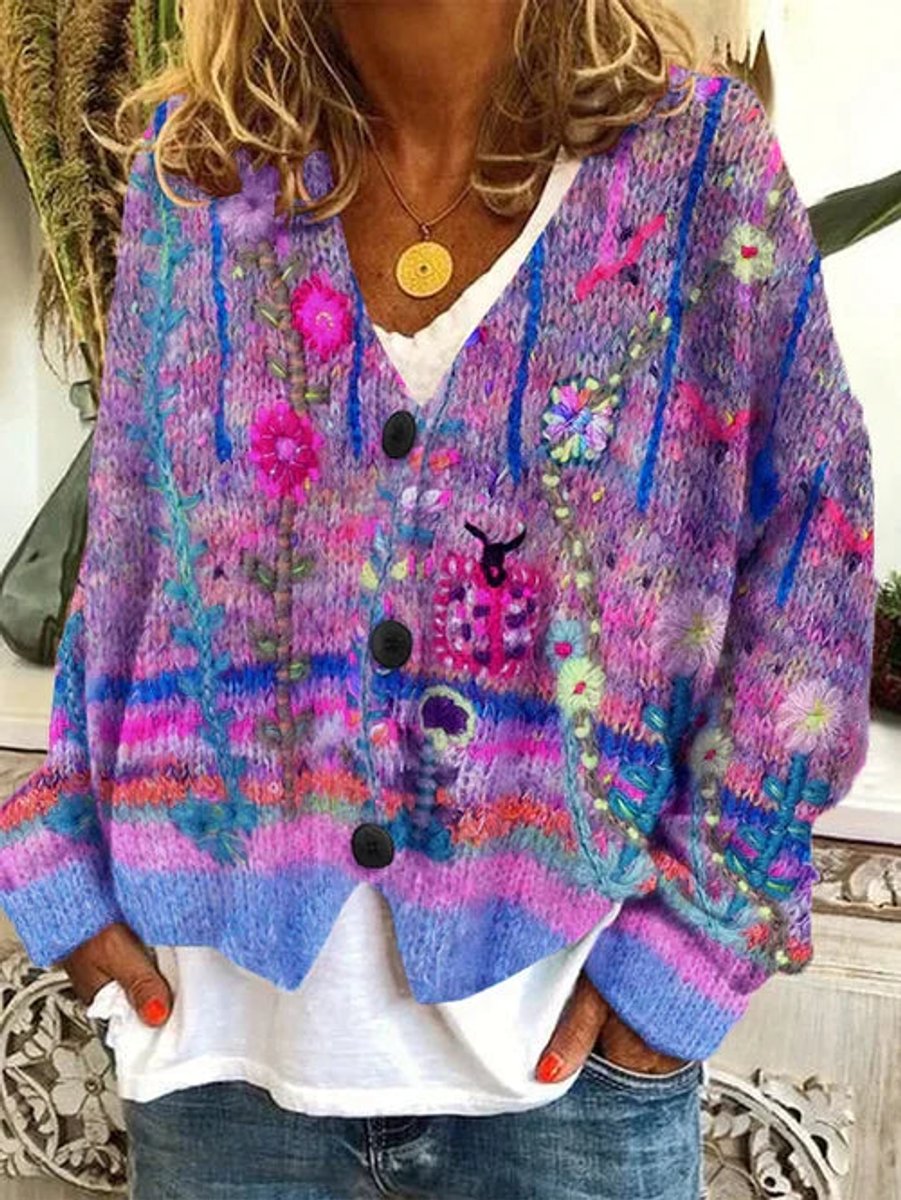 Damen Retro Blumen-Cardigan mit Knopfleiste in Buntem Strickdesign