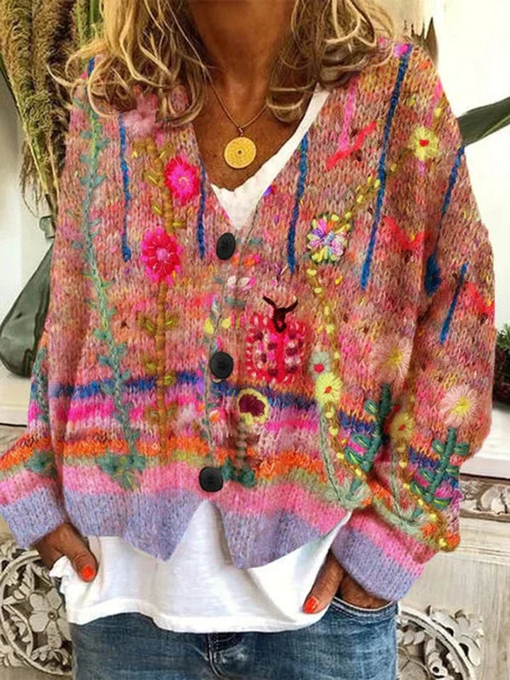 Damen Retro Blumen-Cardigan mit Knopfleiste in Buntem Strickdesign - Orange