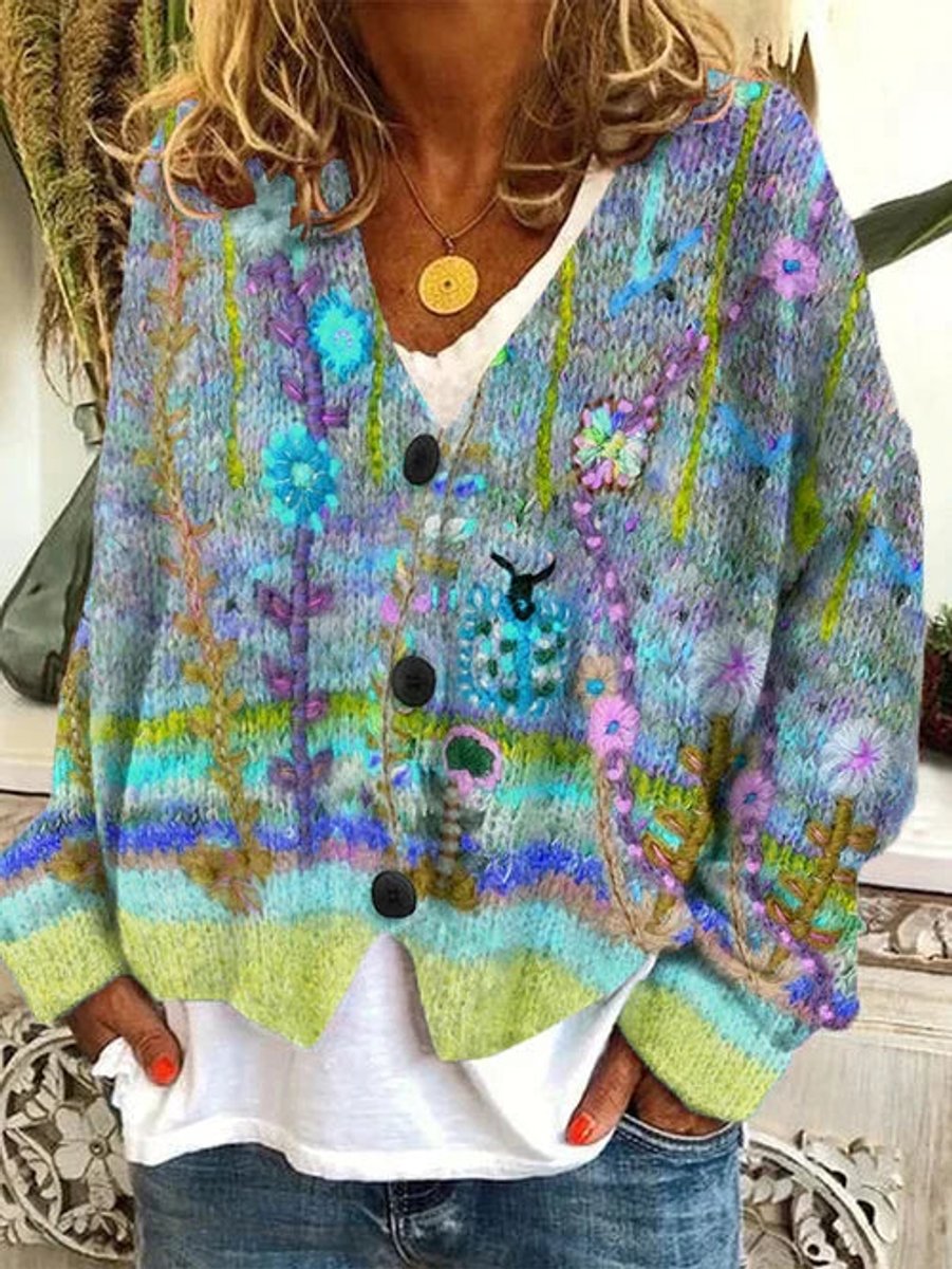 Damen Retro Blumen-Cardigan mit Knopfleiste in Buntem Strickdesign - Blau