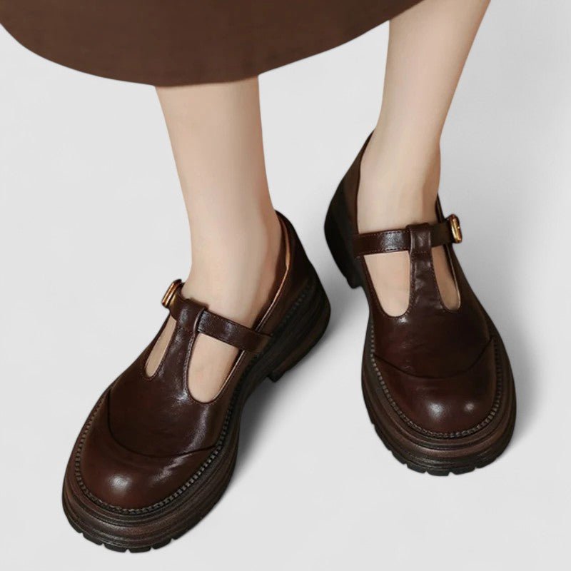 Damen Retro Chunky-Plateau Mary-Jane-Schuhe T-Steg-Schnalle - Brown