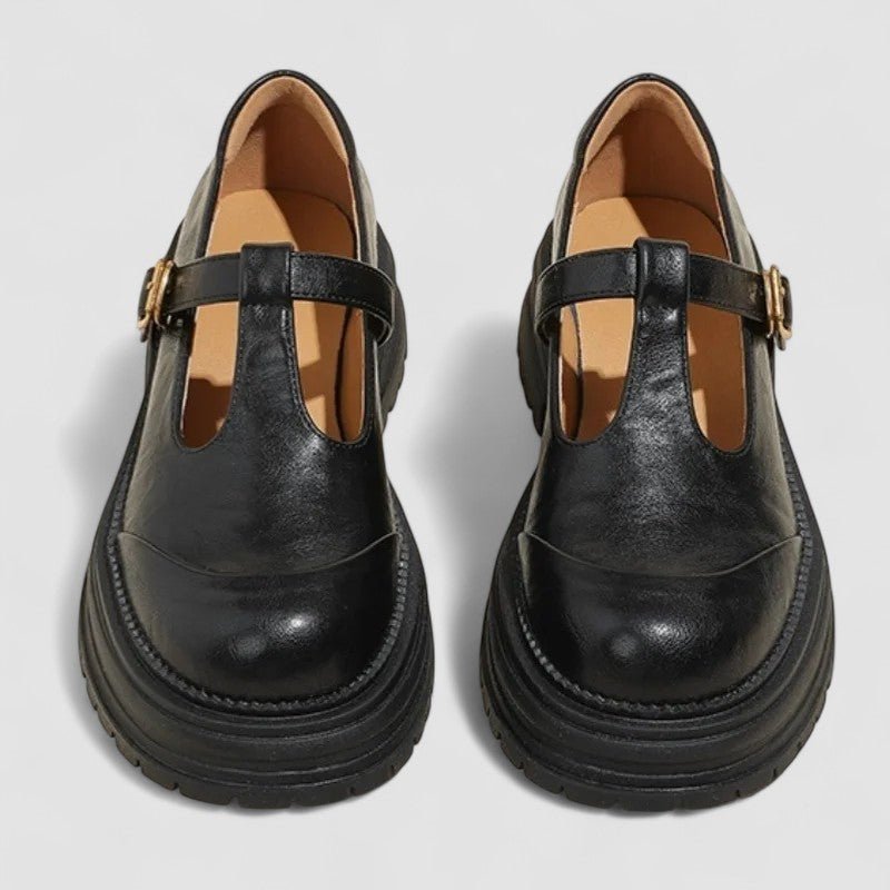 Damen Retro Chunky-Plateau Mary-Jane-Schuhe T-Steg-Schnalle - Black