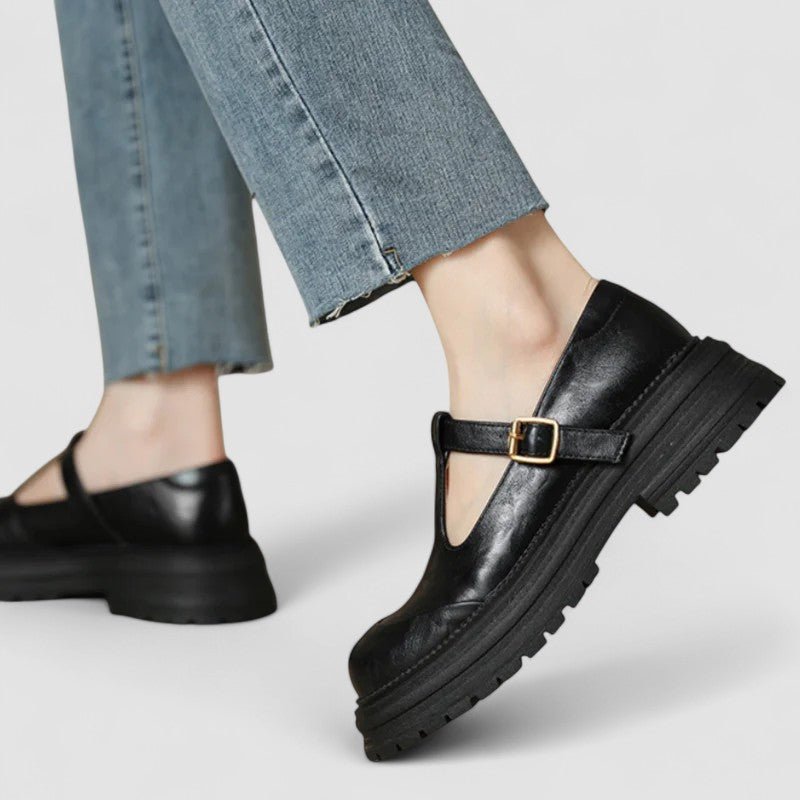 Damen Retro Chunky-Plateau Mary-Jane-Schuhe T-Steg-Schnalle