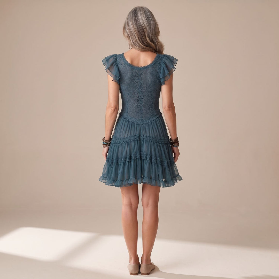 Damen Retro Spitzen-Cocktailkleid mit Rüschenärmeln V-Ausschnitt Mini