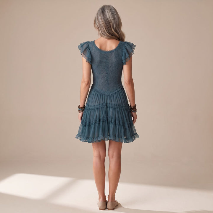 Damen Retro Spitzen-Cocktailkleid mit Rüschenärmeln V-Ausschnitt Mini