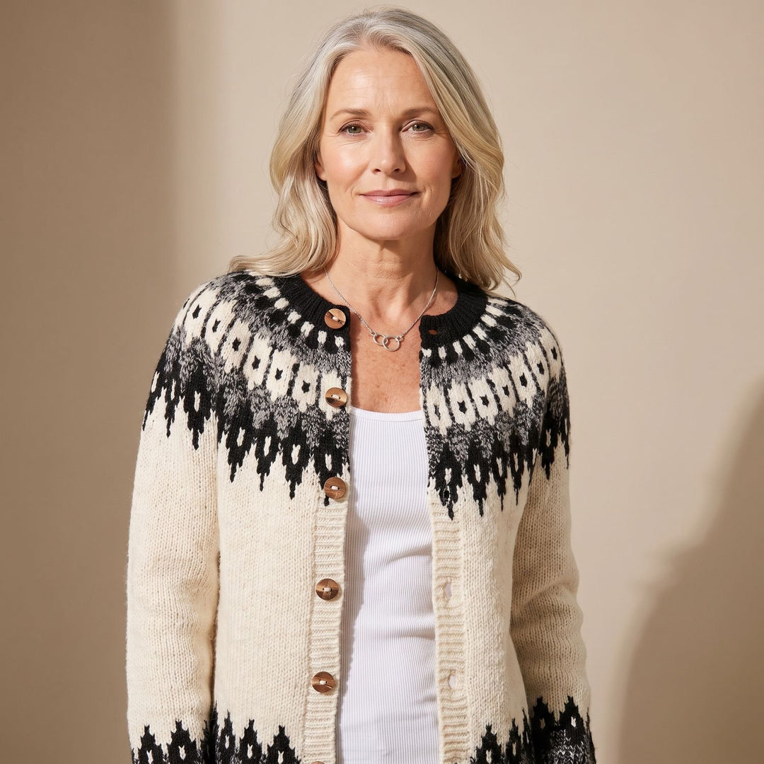 Damen Retro Strickjacke mit Norwegermuster und Knopfleiste