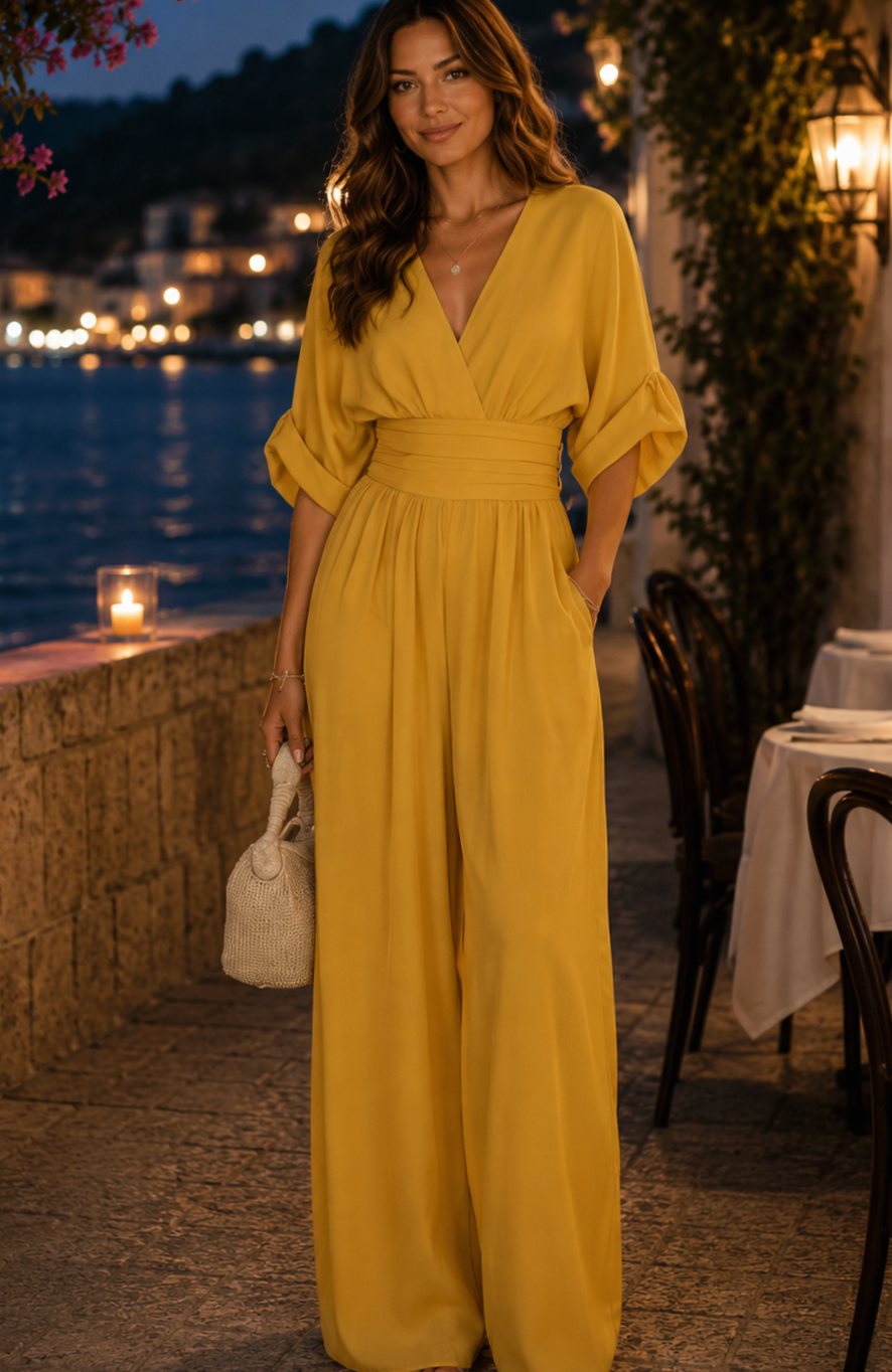 Damen Retro Weißbein-Jumpsuit mit V-Ausschnitt und breitem Taillenbund - Gelb