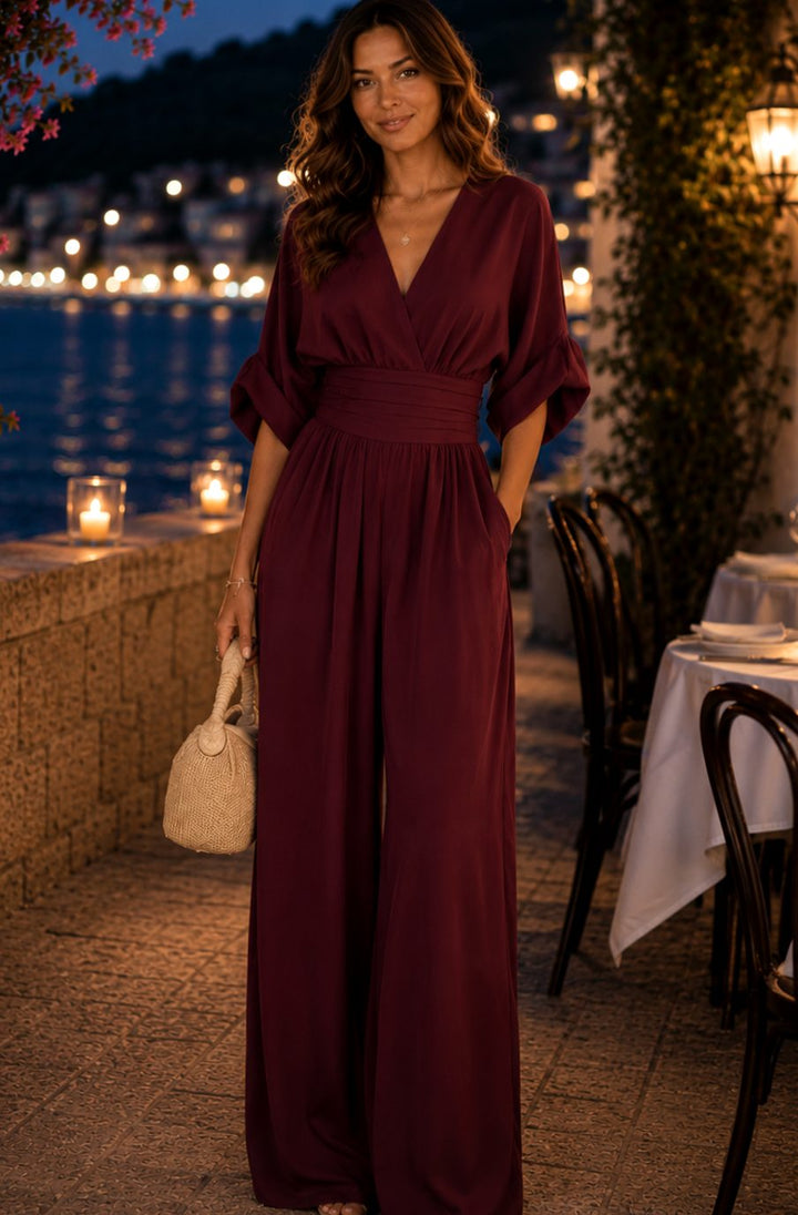 Damen Retro Weißbein-Jumpsuit mit V-Ausschnitt und breitem Taillenbund - Weinrot
