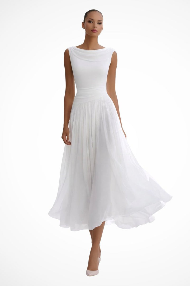 Damen Ärmellos A-Linien Midi-Kleid Wasserfallausschnitt Geplissiert - Weiß