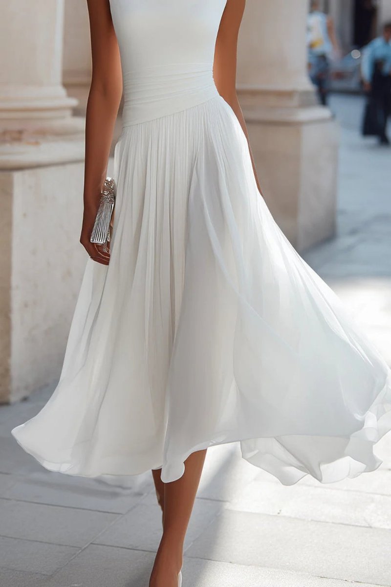 Damen Ärmellos A-Linien Midi-Kleid Wasserfallausschnitt Geplissiert