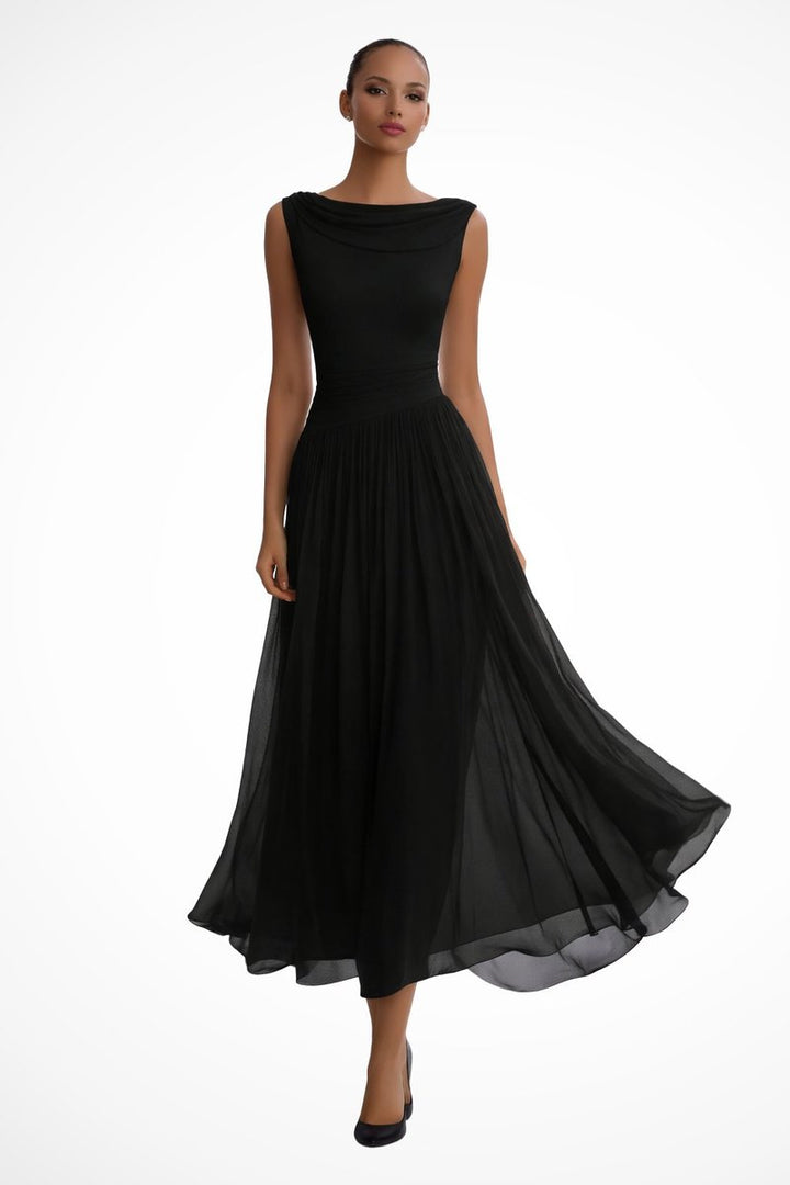 Damen Ärmellos A-Linien Midi-Kleid Wasserfallausschnitt Geplissiert - Schwarz