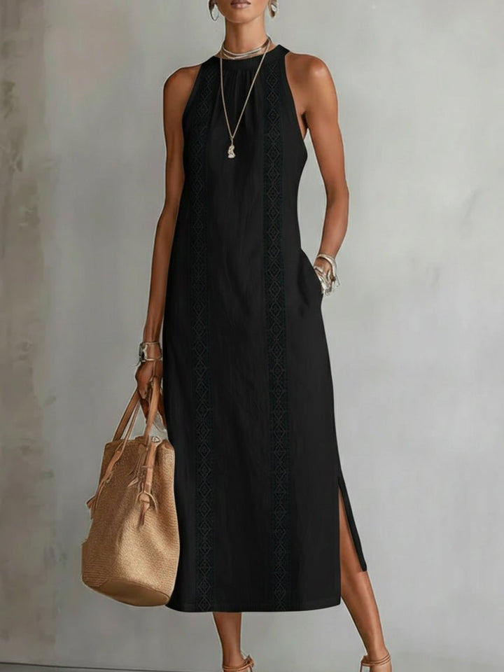 Damen Ärmellos Bestickt Midi-Kleid - Black