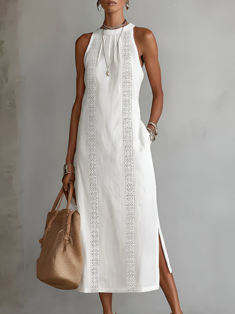 Damen Ärmellos Bestickt Midi-Kleid - White