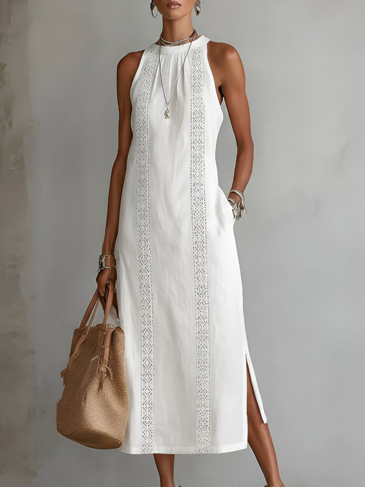 Damen Ärmellos Bestickt Midi-Kleid - White