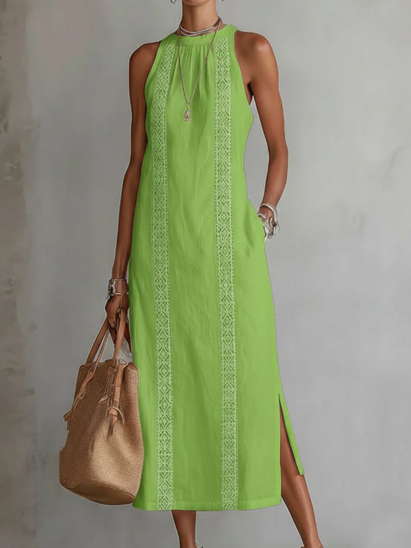 Damen Ärmellos Bestickt Midi-Kleid - Green