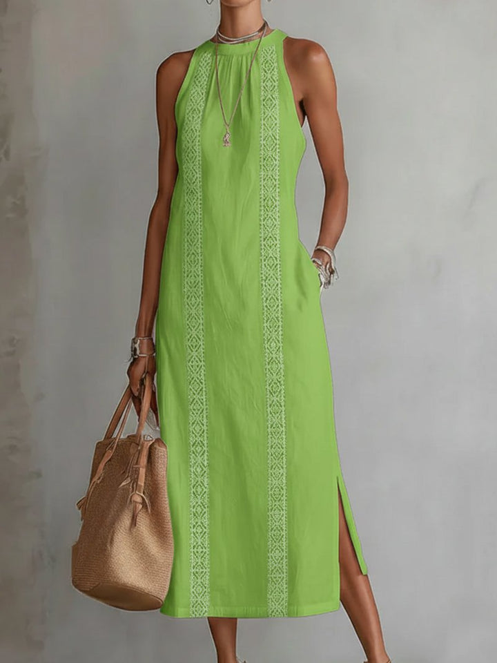 Damen Ärmellos Bestickt Midi-Kleid - Green