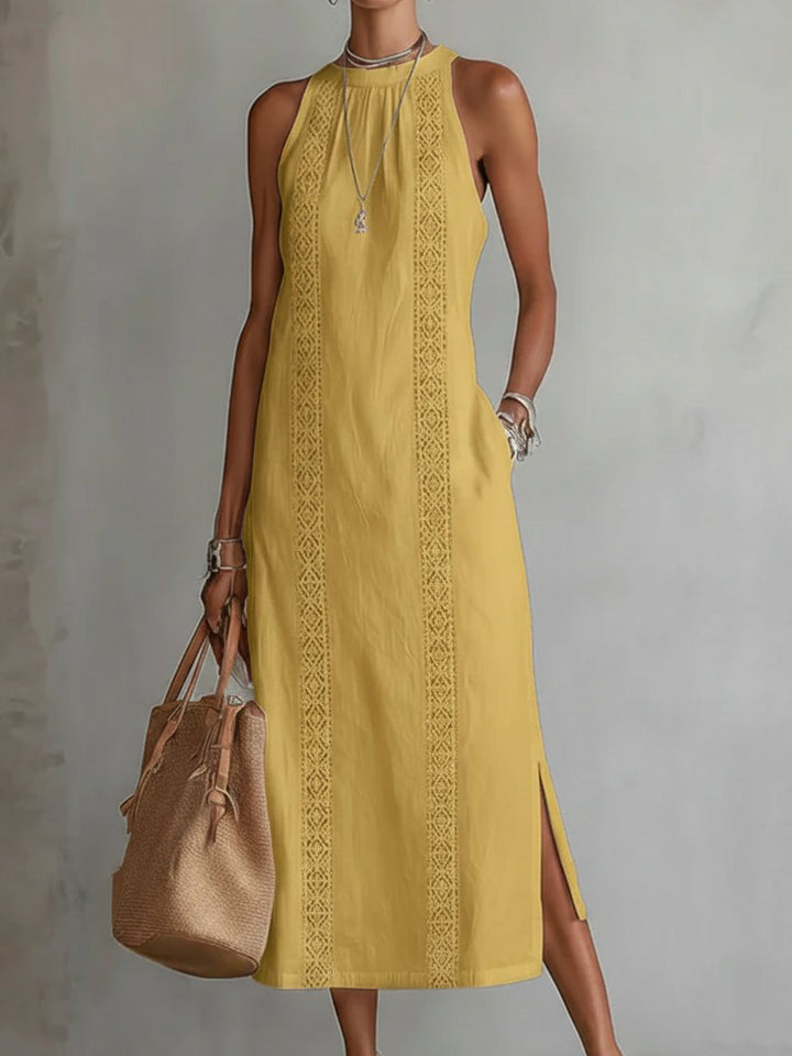 Damen Ärmellos Bestickt Midi-Kleid - Yellow