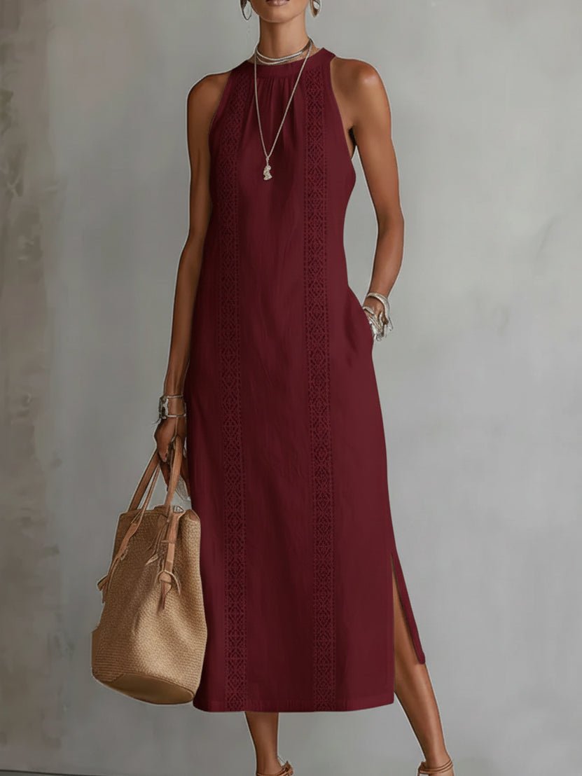 Damen Ärmellos Bestickt Midi-Kleid - Red