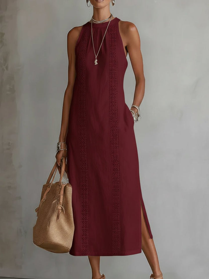 Damen Ärmellos Bestickt Midi-Kleid - Red