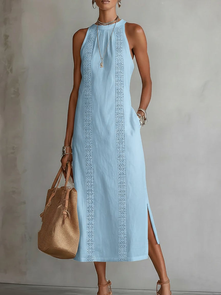 Damen Ärmellos Bestickt Midi-Kleid - Blue