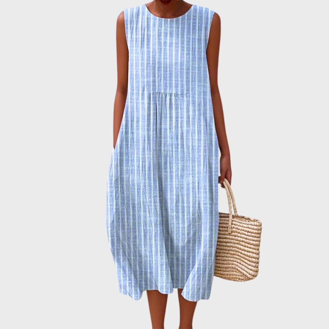 Damen Ärmellos Linnen Midi-Kleid Relaxed-Fit - Blue