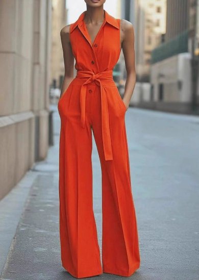Damen Ärmellos Weites-Bein Taillierter Jumpsuit - Orange