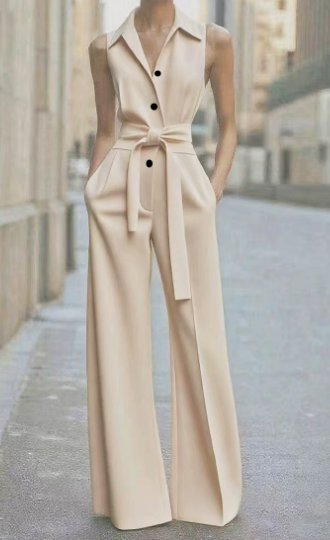 Damen Ärmellos Weites-Bein Taillierter Jumpsuit - Beige