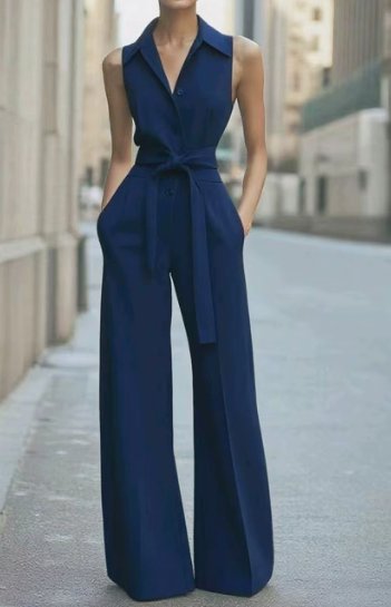 Damen Ärmellos Weites-Bein Taillierter Jumpsuit - Navy Blue