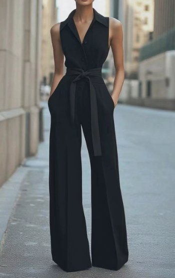 Damen Ärmellos Weites-Bein Taillierter Jumpsuit - Black