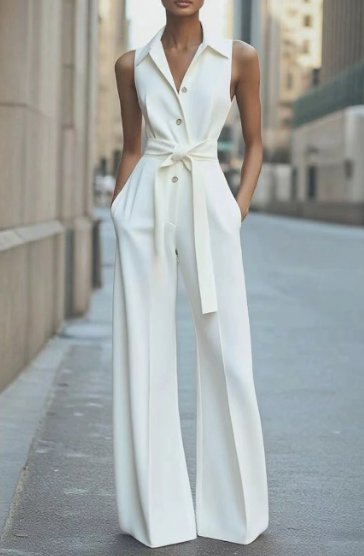 Damen Ärmellos Weites-Bein Taillierter Jumpsuit - White