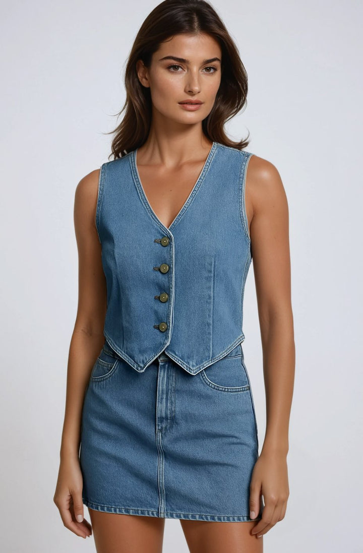 Damen Ärmellose Jeansweste mit V-Ausschnitt und Knopfleiste - Blau