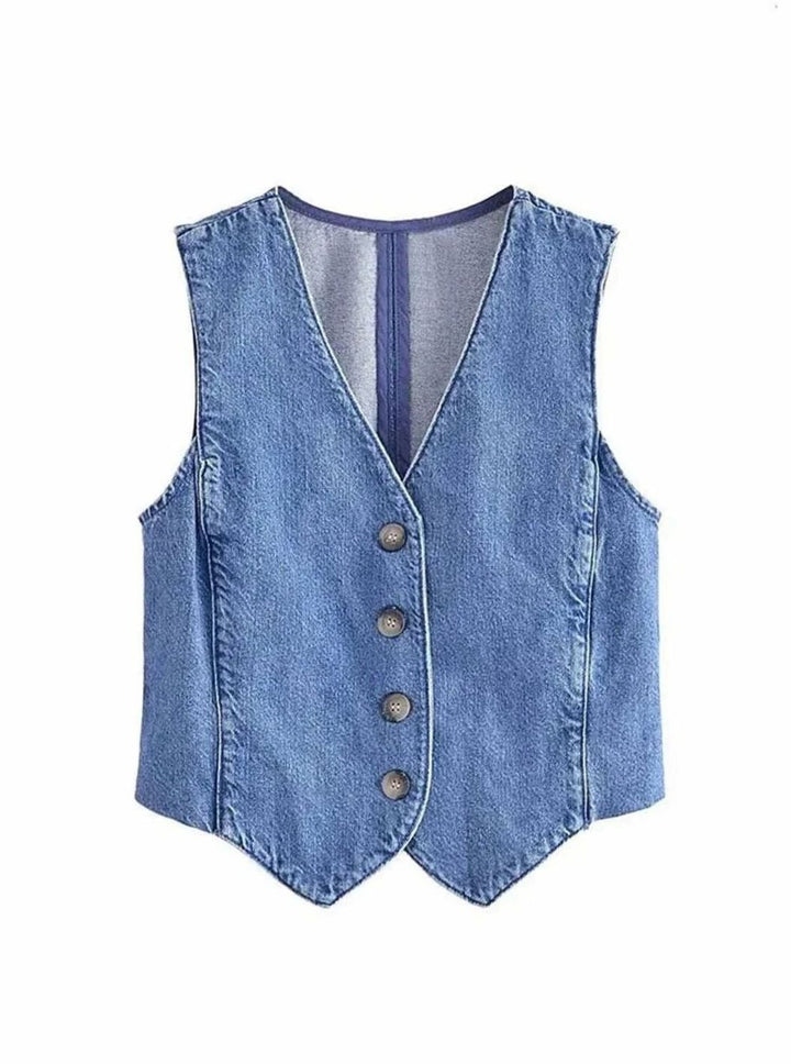 Damen Ärmellose Jeansweste mit V-Ausschnitt und Knopfleiste