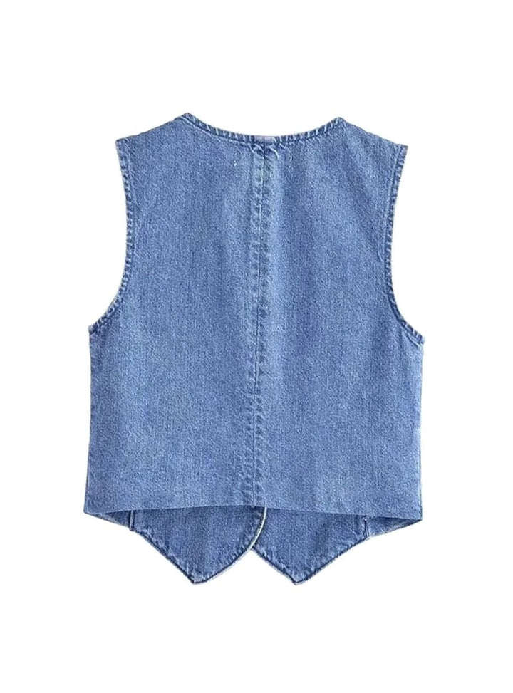 Damen Ärmellose Jeansweste mit V-Ausschnitt und Knopfleiste