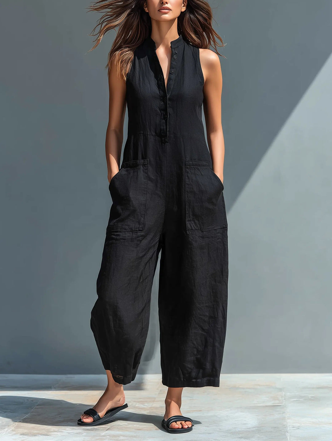 Damen Ärmellose Linen Button-Up Jumpsuit mit Stehkragen - Black