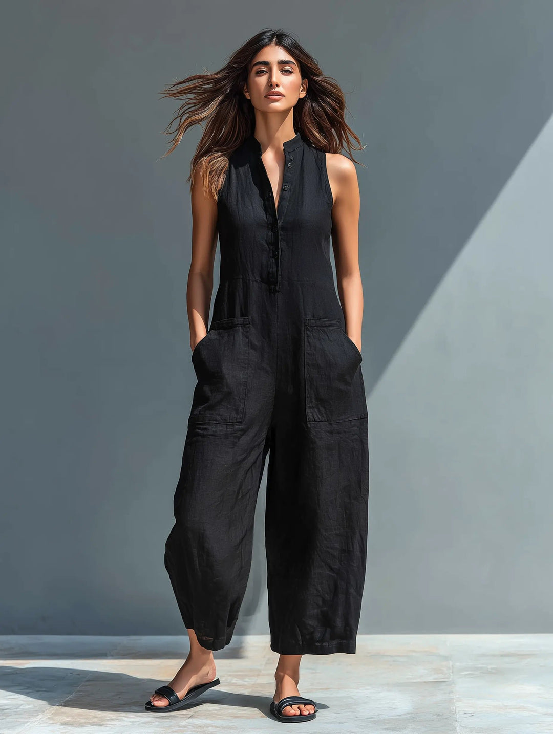 Damen Ärmellose Linen Button-Up Jumpsuit mit Stehkragen