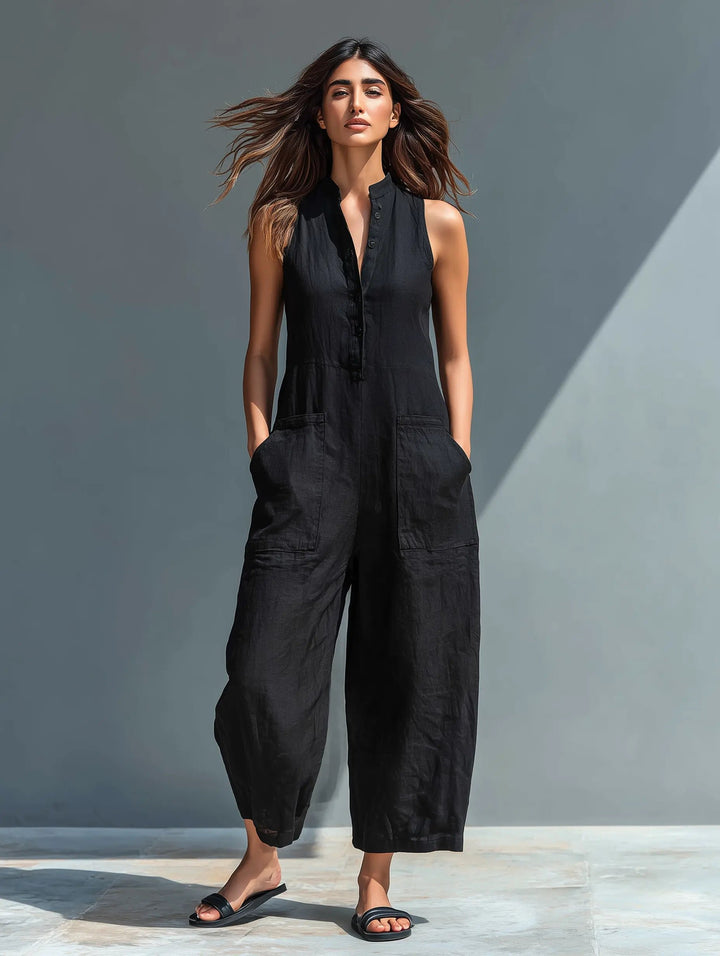 Damen Ärmellose Linen Button-Up Jumpsuit mit Stehkragen