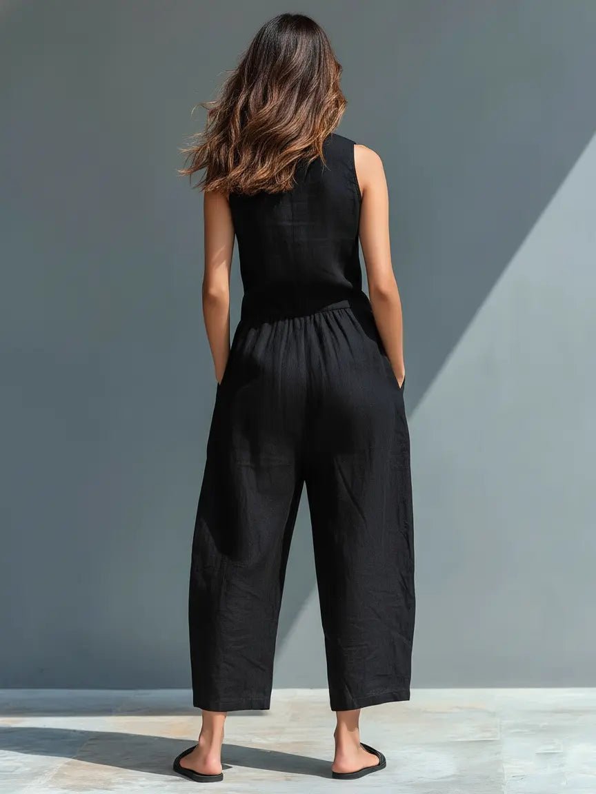Damen Ärmellose Linen Button-Up Jumpsuit mit Stehkragen