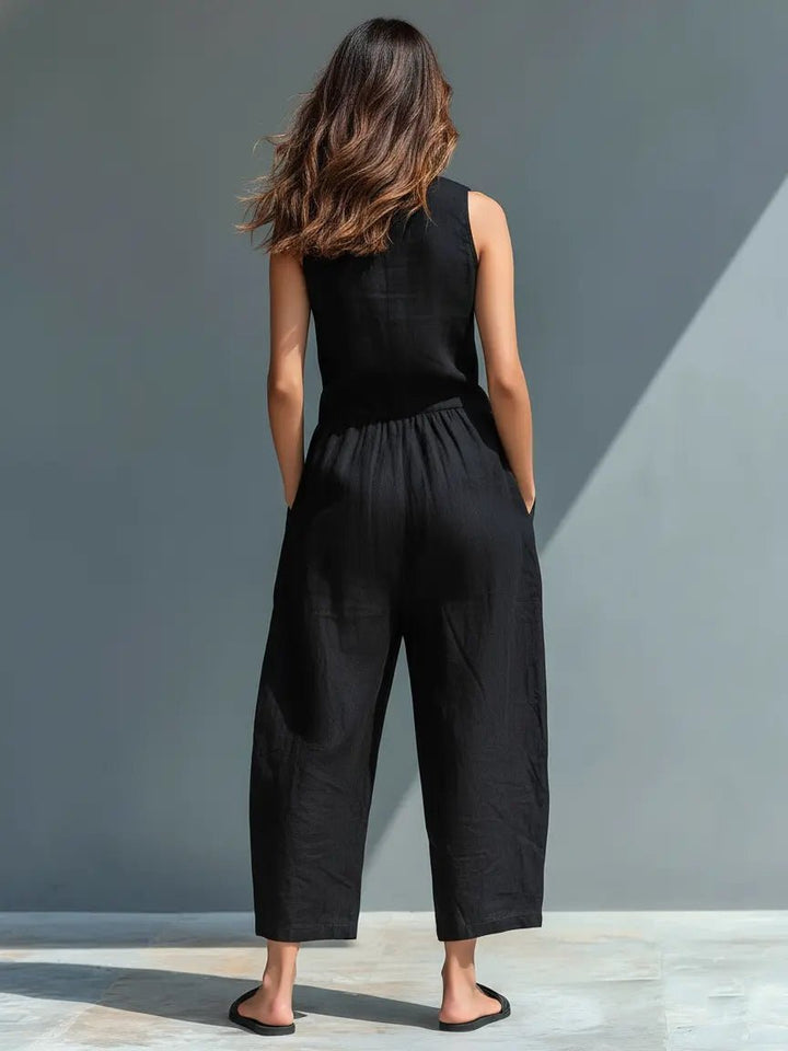 Damen Ärmellose Linen Button-Up Jumpsuit mit Stehkragen