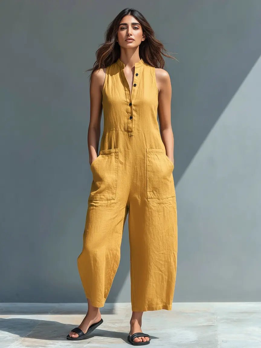 Damen Ärmellose Linen Button-Up Jumpsuit mit Stehkragen - Yellow