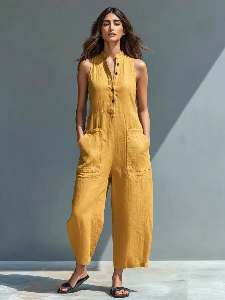 Damen Ärmellose Linen Button-Up Jumpsuit mit Stehkragen - Yellow