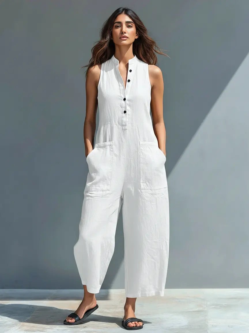 Damen Ärmellose Linen Button-Up Jumpsuit mit Stehkragen - White