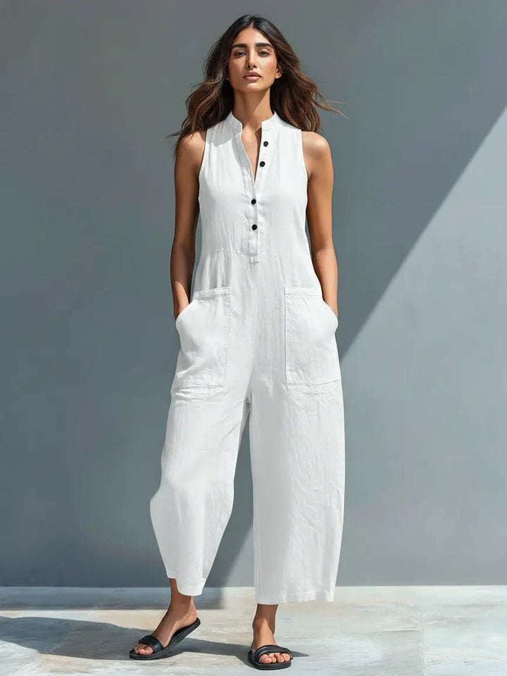 Damen Ärmellose Linen Button-Up Jumpsuit mit Stehkragen - White