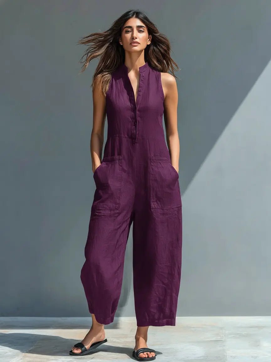 Damen Ärmellose Linen Button-Up Jumpsuit mit Stehkragen - Purple