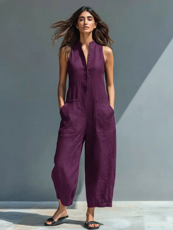 Damen Ärmellose Linen Button-Up Jumpsuit mit Stehkragen - Purple