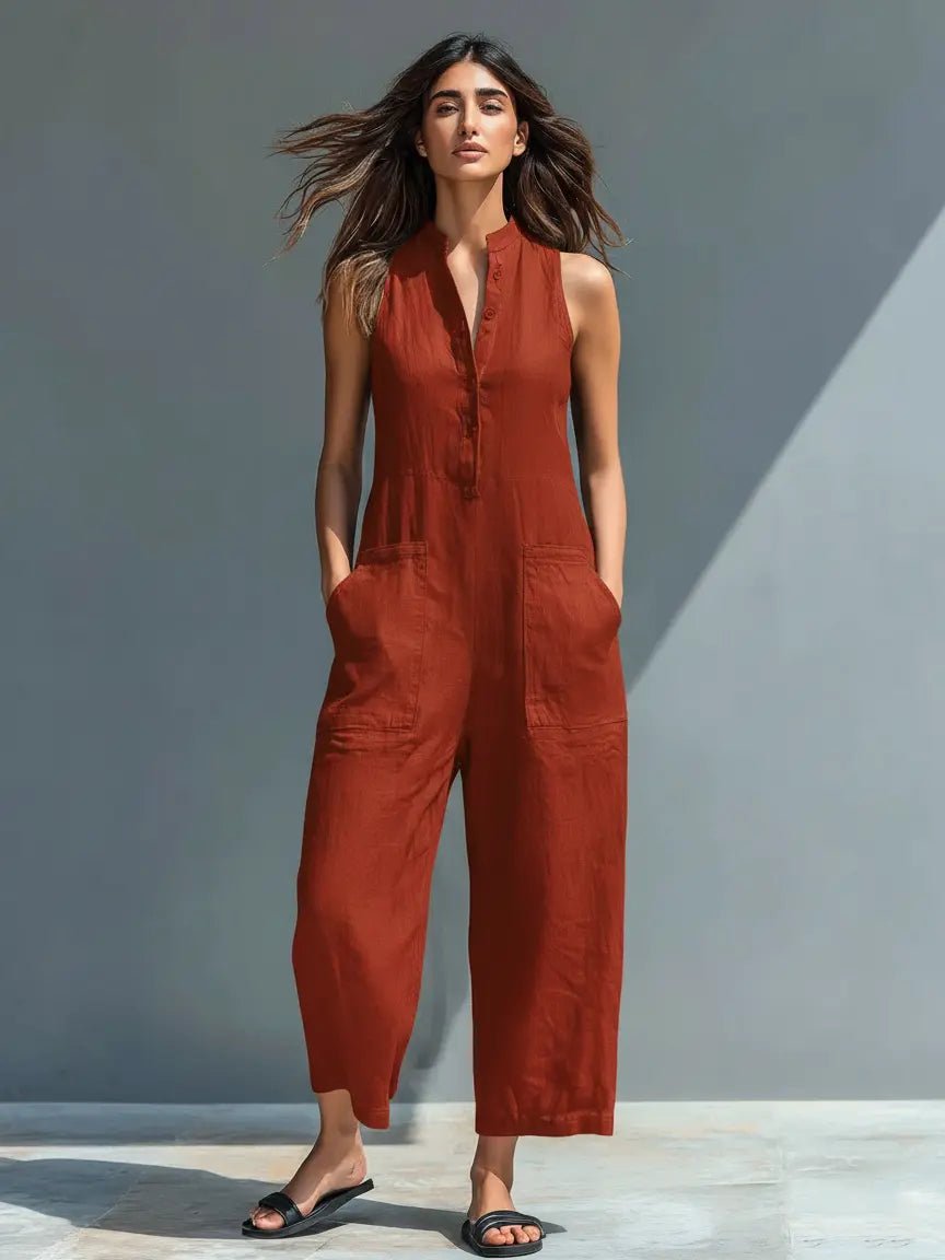 Damen Ärmellose Linen Button-Up Jumpsuit mit Stehkragen - Rust Red