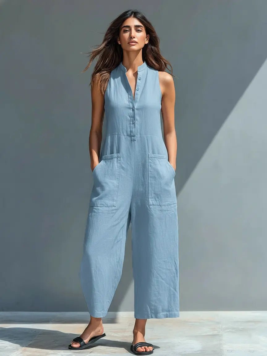 Damen Ärmellose Linen Button-Up Jumpsuit mit Stehkragen - Blue