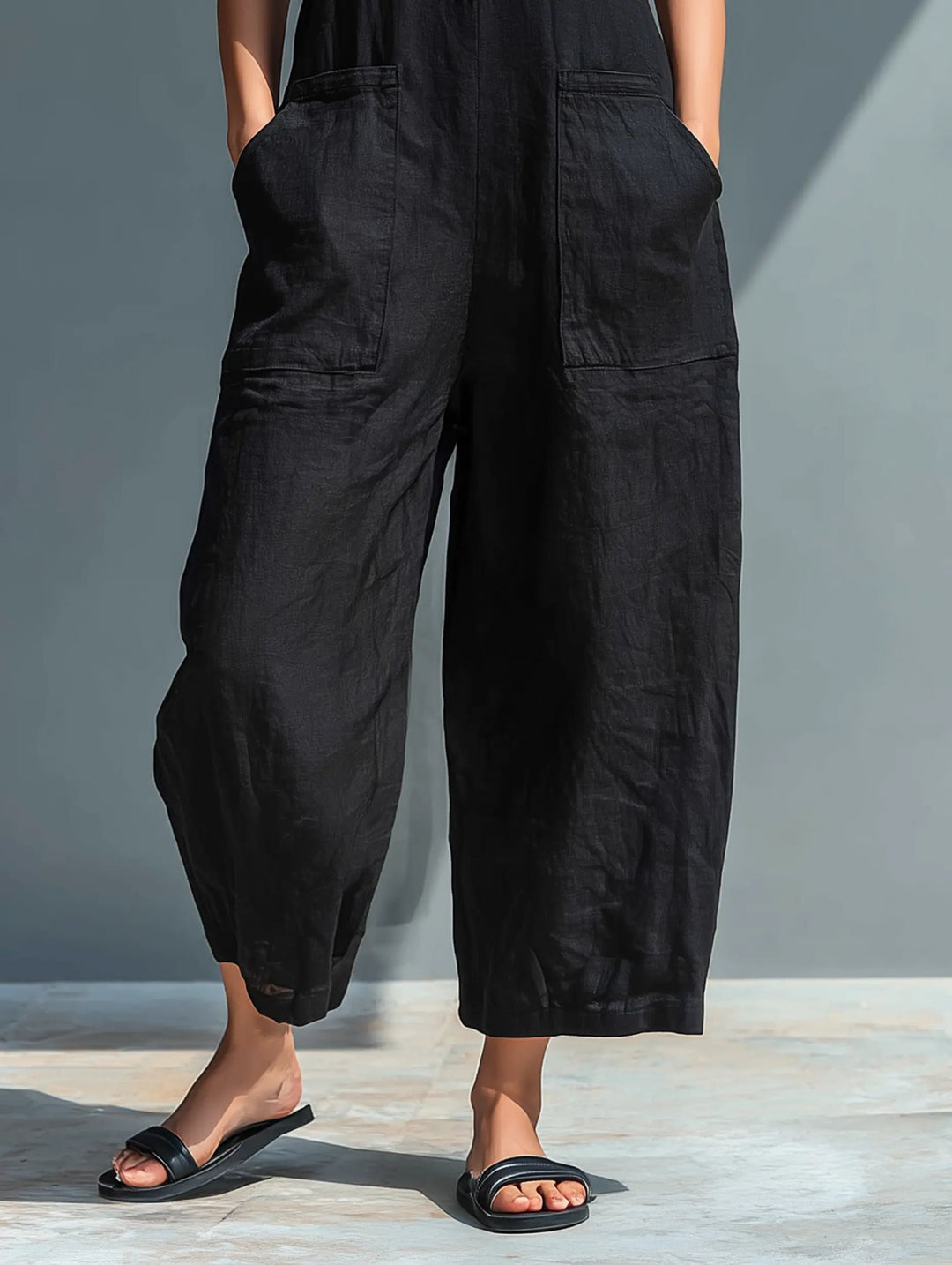 Damen Ärmellose Linen Button-Up Jumpsuit mit Stehkragen