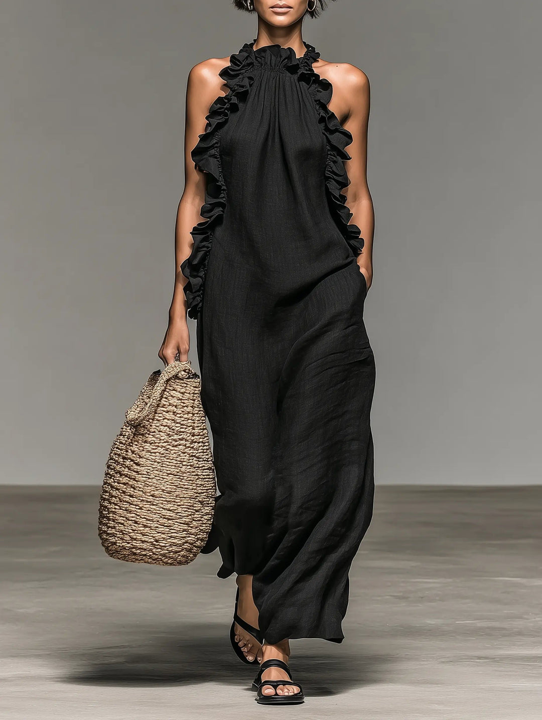 Damen Ärmellose Linnen Maxi-Kleid mit Rüschen-Details - Black