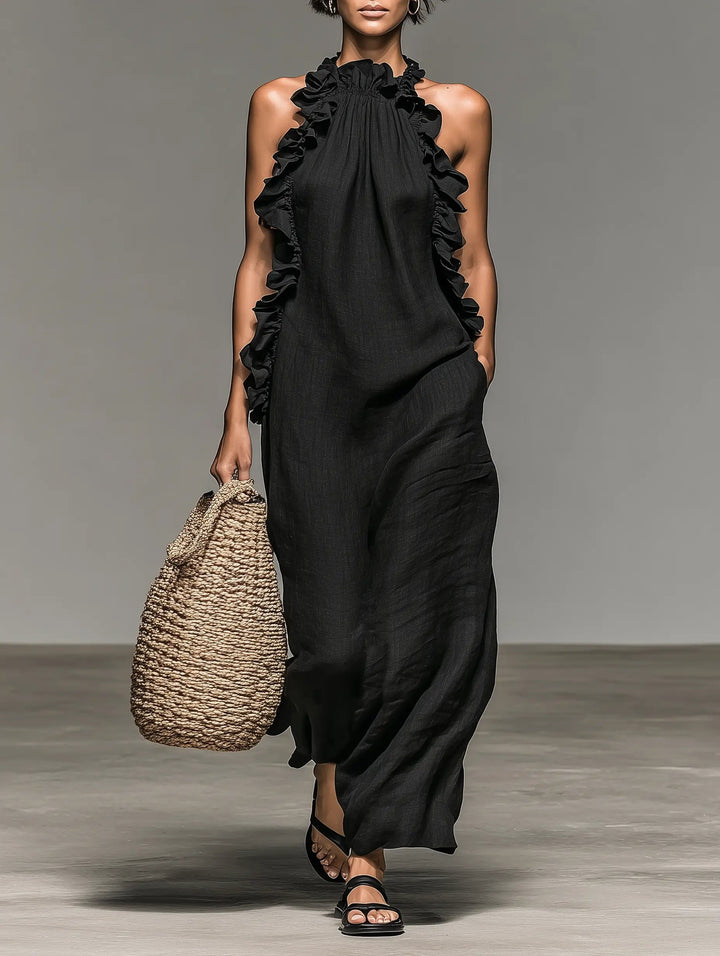 Damen Ärmellose Linnen Maxi-Kleid mit Rüschen-Details - Black
